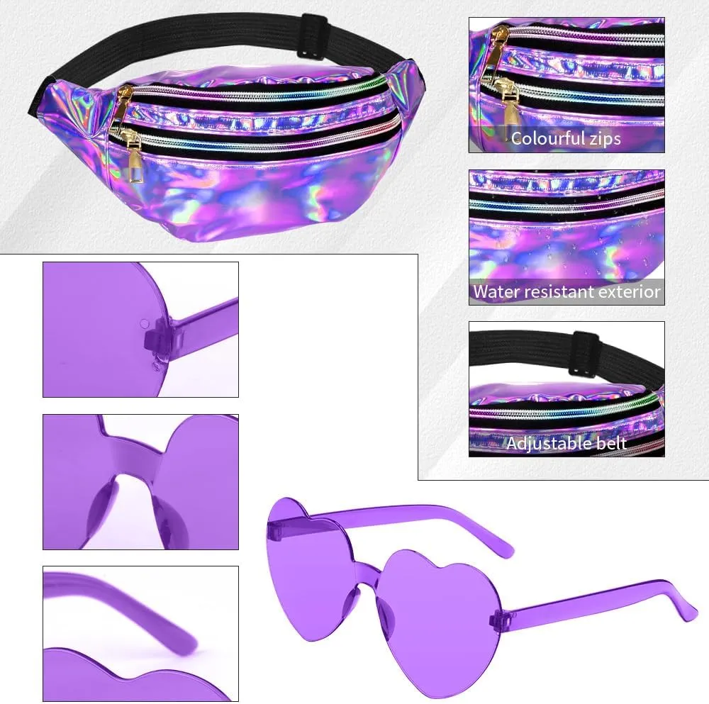 Holographic Fanny Packs,Heart Shaped Glasses,80s 90s Fanny Pack,Waterproof Fanny Packs for Women,Purple Heart Sunglasses,Metallic Color Sport Waistbag,Fashion Shiny Waist Pack,Halloween Party Glasses