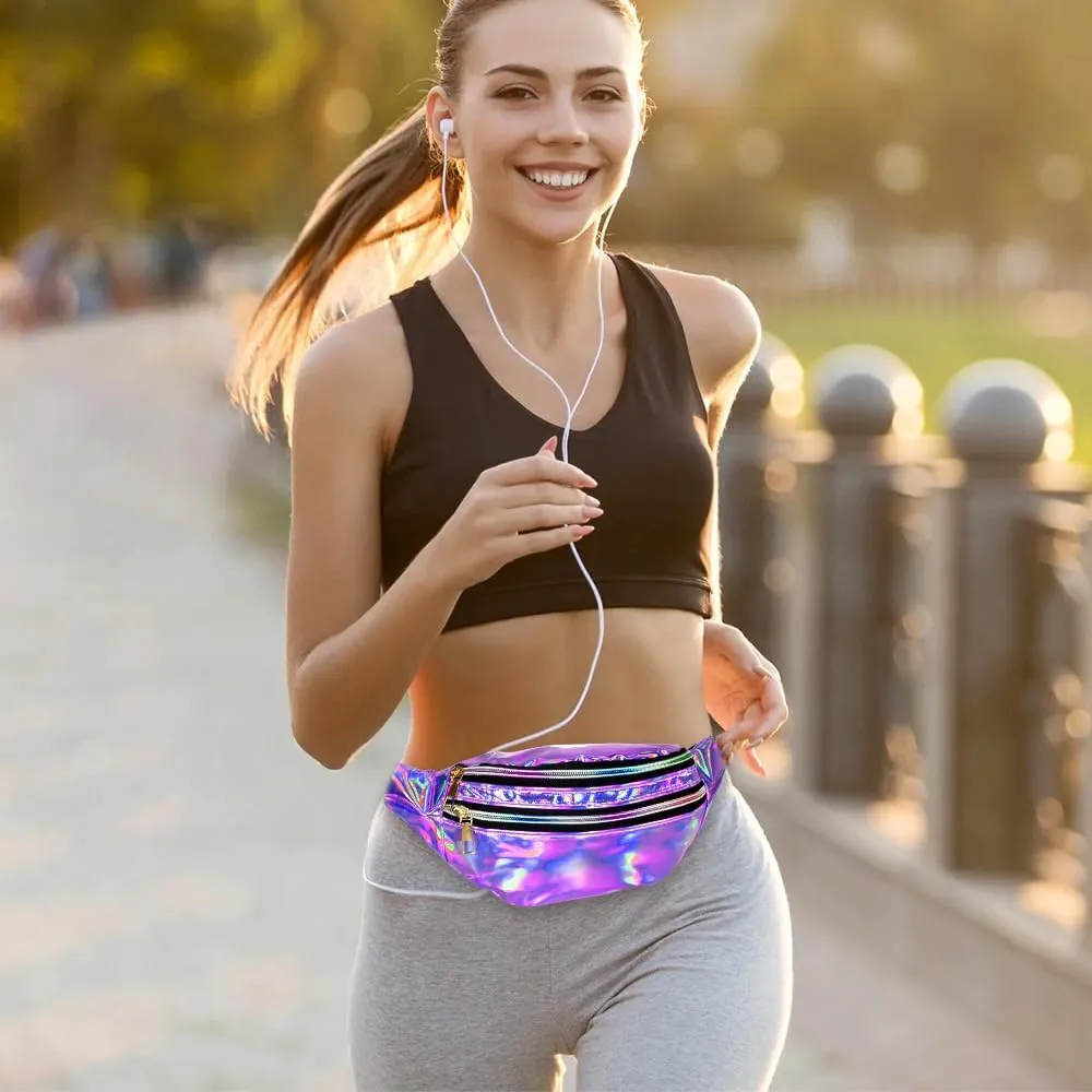 Holographic Fanny Packs,Heart Shaped Glasses,80s 90s Fanny Pack,Waterproof Fanny Packs for Women,Purple Heart Sunglasses,Metallic Color Sport Waistbag,Fashion Shiny Waist Pack,Halloween Party Glasses