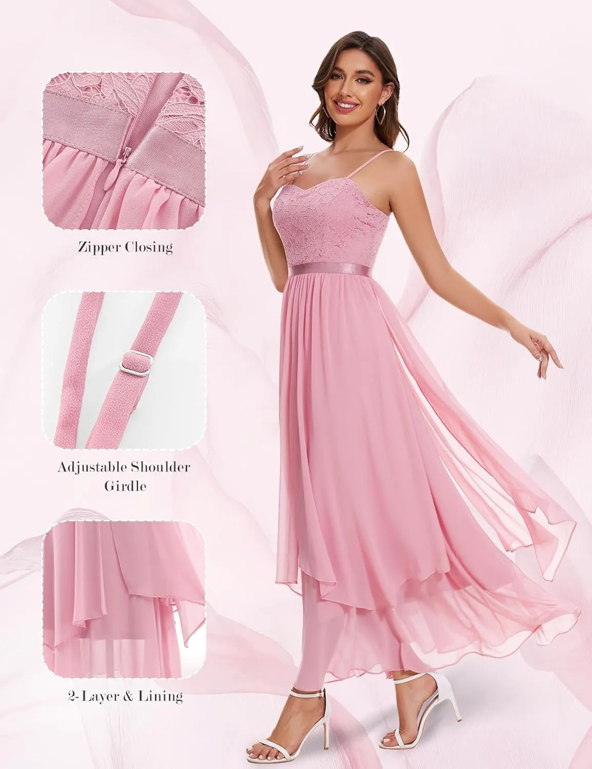 HomRain Women Spaghetti Strap Chiffon Maxi Dress Cocktail Prom Homecoming Wedding Guest Dress