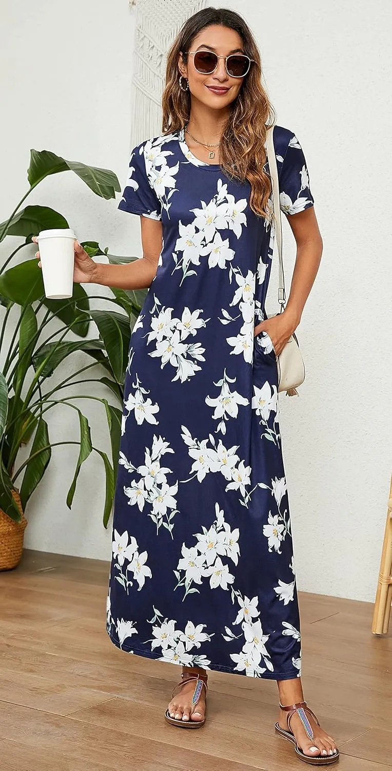 Hount Women's Summer Short Sleeve Maxi Dresses Casual 2025 Loose Beach Sundresses Tshirt Dresses with Pockets