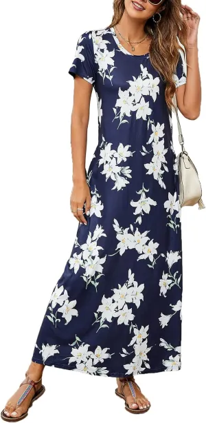Hount Women's Summer Short Sleeve Maxi Dresses Casual 2025 Loose Beach Sundresses Tshirt Dresses with Pockets