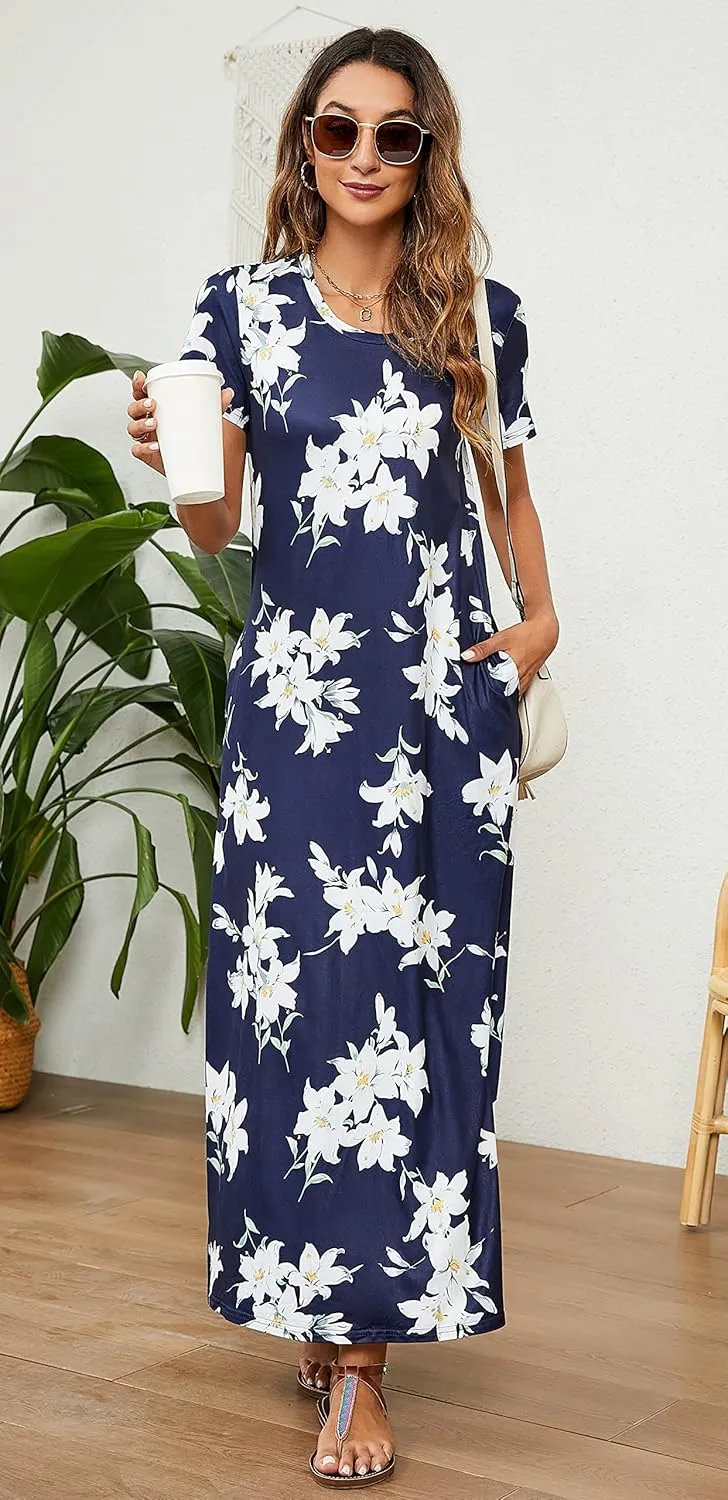 Hount Women's Summer Short Sleeve Maxi Dresses Casual 2025 Loose Beach Sundresses Tshirt Dresses with Pockets
