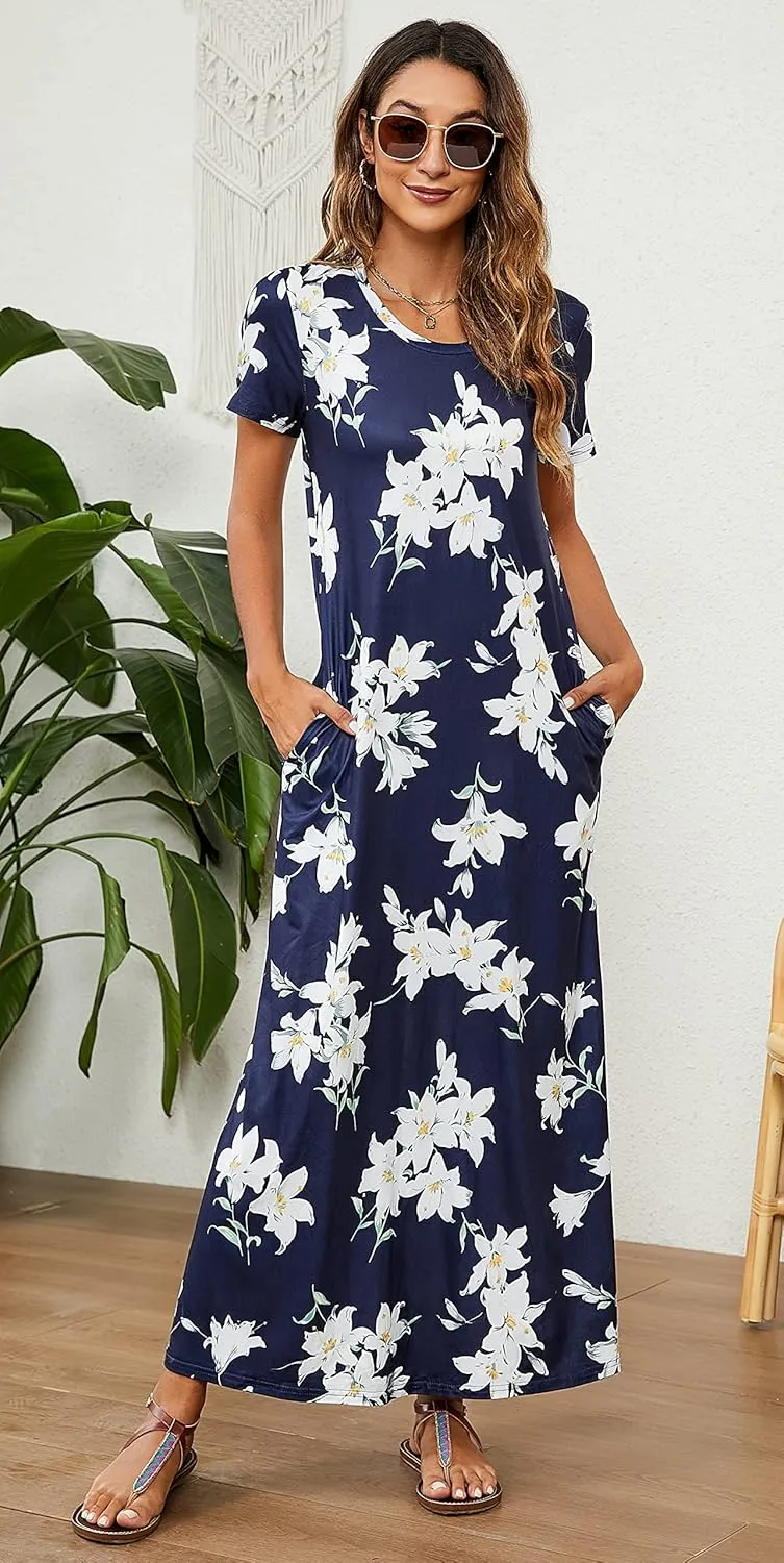 Hount Women's Summer Short Sleeve Maxi Dresses Casual 2025 Loose Beach Sundresses Tshirt Dresses with Pockets