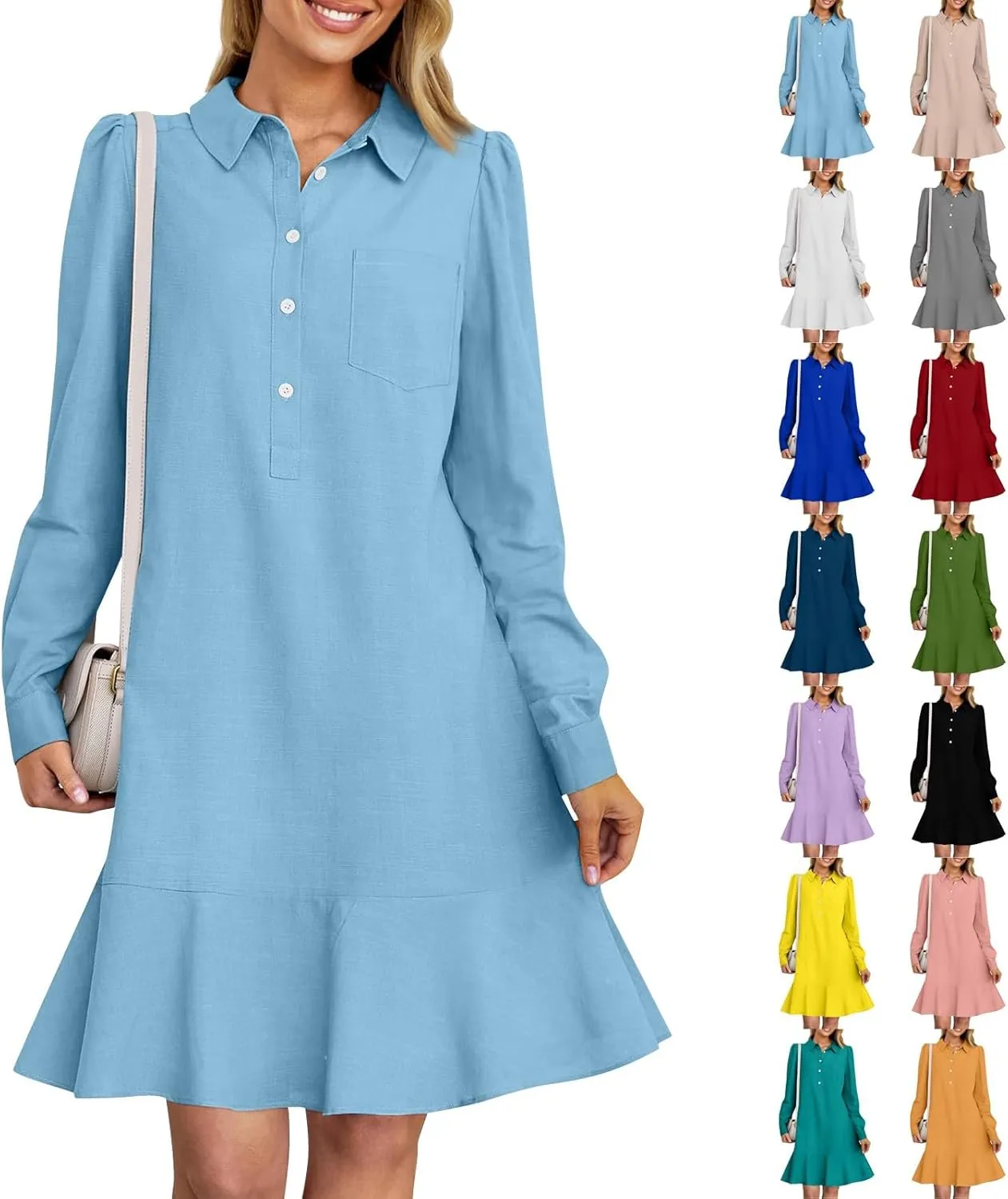 HXHYQKP Shirt Dresses for Women Long Sleeve Button Down Shirt Dress Ruffle Flowy Casual Tunic Shift Mini Dresses