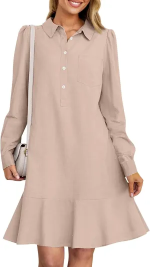 HXHYQKP Shirt Dresses for Women Long Sleeve Button Down Shirt Dress Ruffle Flowy Casual Tunic Shift Mini Dresses