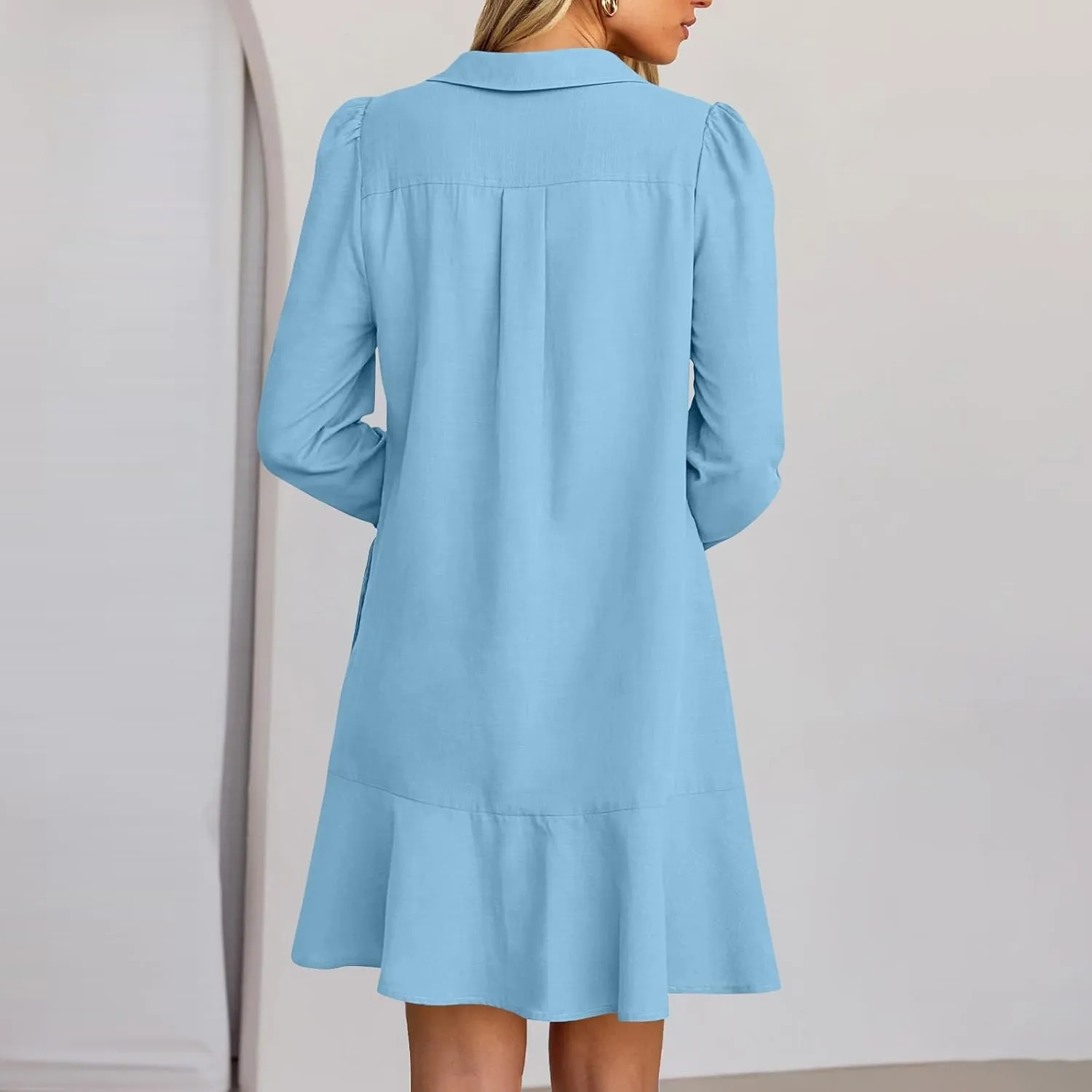 HXHYQKP Shirt Dresses for Women Long Sleeve Button Down Shirt Dress Ruffle Flowy Casual Tunic Shift Mini Dresses