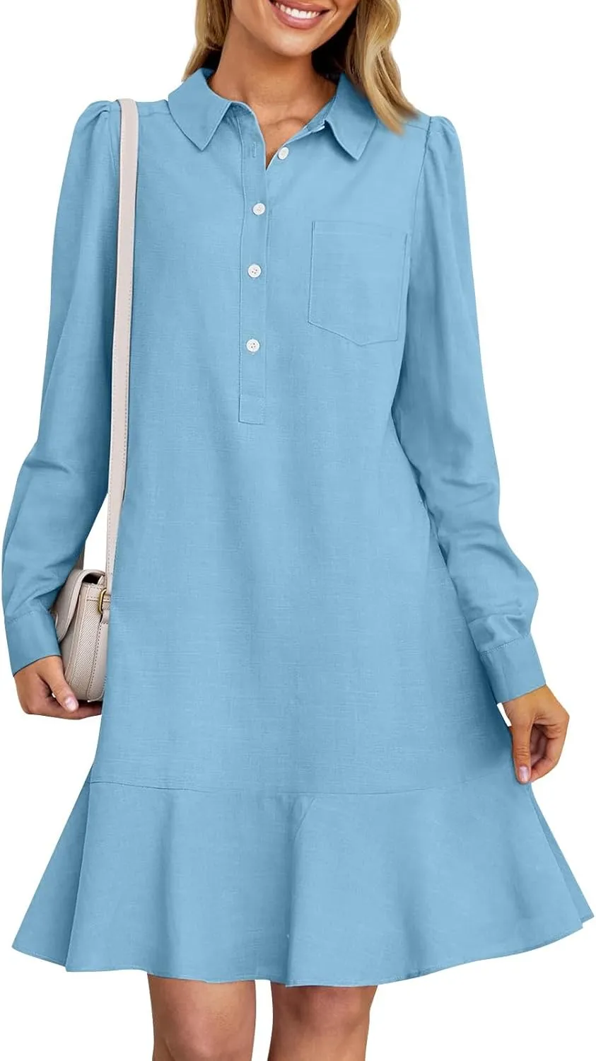 HXHYQKP Shirt Dresses for Women Long Sleeve Button Down Shirt Dress Ruffle Flowy Casual Tunic Shift Mini Dresses
