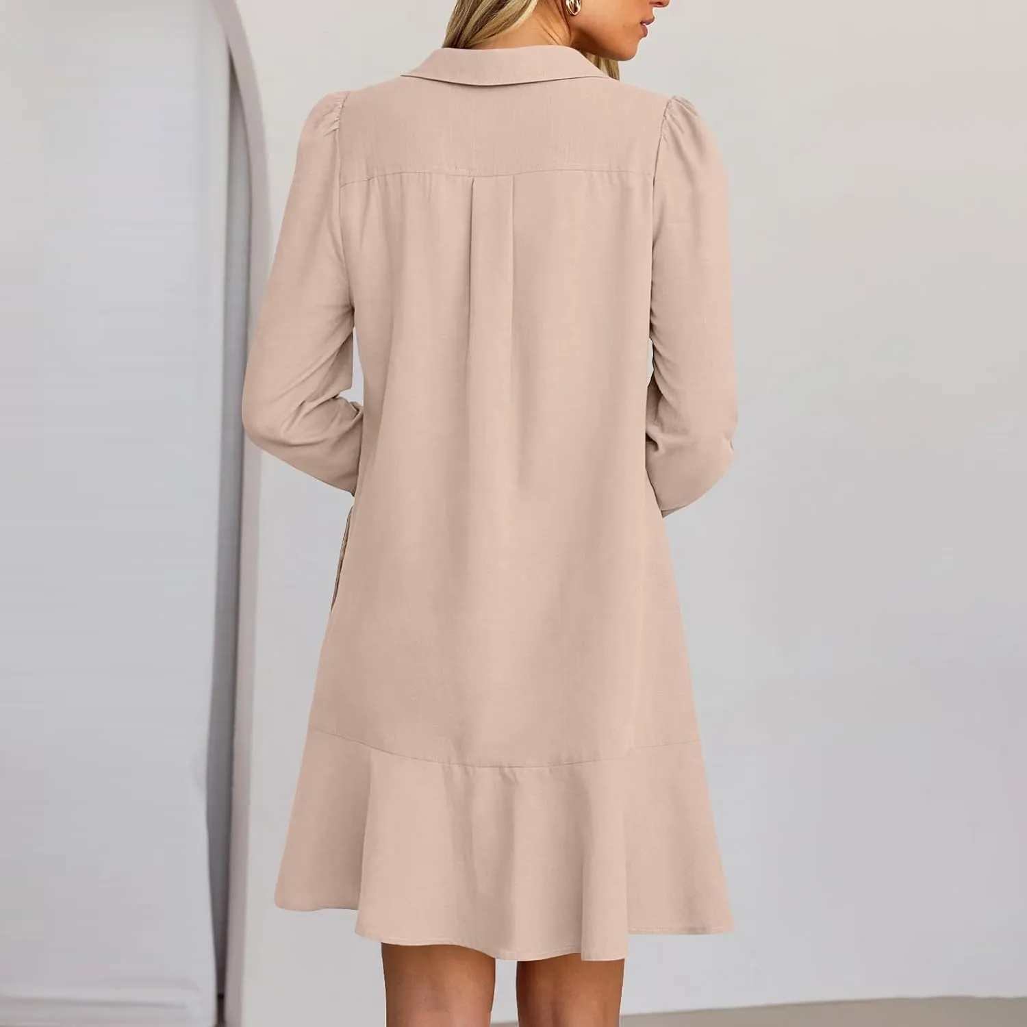 HXHYQKP Shirt Dresses for Women Long Sleeve Button Down Shirt Dress Ruffle Flowy Casual Tunic Shift Mini Dresses