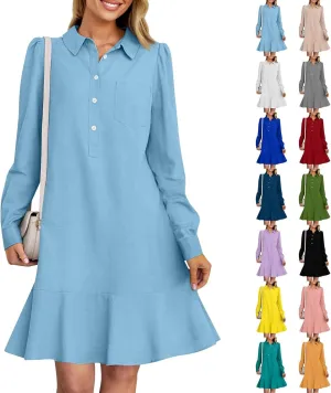 HXHYQKP Shirt Dresses for Women Long Sleeve Button Down Shirt Dress Ruffle Flowy Casual Tunic Shift Mini Dresses