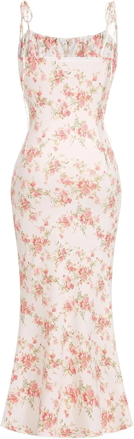 IDOPIP Women Summer Floral Bodycon Maxi Dress Boho Spaghetti Straps Backless Sundress Casual Classy Wedding Guest Dress 2024
