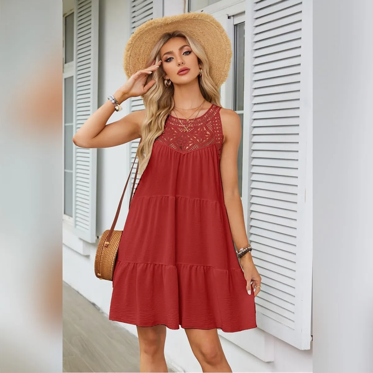 IKADEX Women Boho Hallow Out Crochet Tent Dress Sleeveless Tiered Loose Fit Summer Beach Casual Sundress