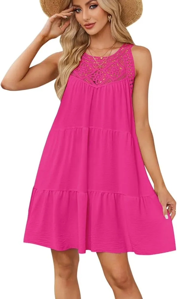 IKADEX Women Boho Hallow Out Crochet Tent Dress Sleeveless Tiered Loose Fit Summer Beach Casual Sundress