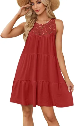 IKADEX Women Boho Hallow Out Crochet Tent Dress Sleeveless Tiered Loose Fit Summer Beach Casual Sundress