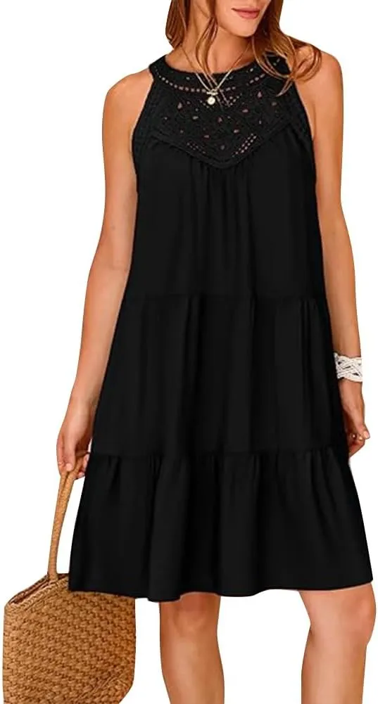 IKADEX Women Boho Hallow Out Crochet Tent Dress Sleeveless Tiered Loose Fit Summer Beach Casual Sundress