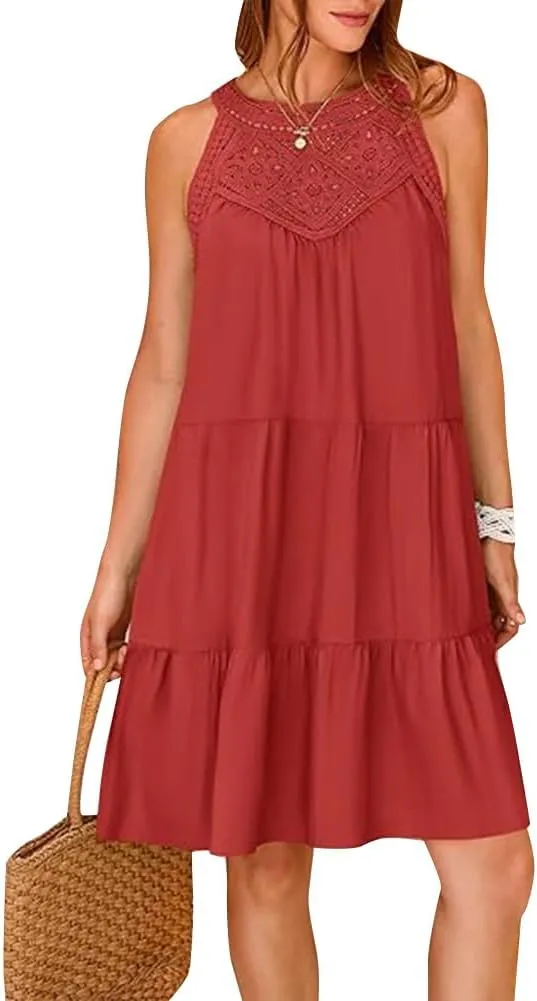 IKADEX Women Boho Hallow Out Crochet Tent Dress Sleeveless Tiered Loose Fit Summer Beach Casual Sundress