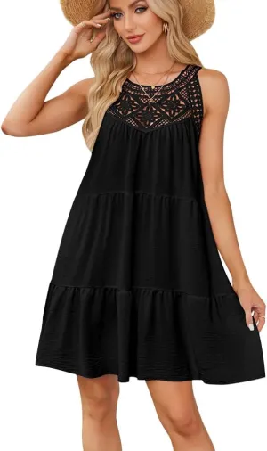 IKADEX Women Boho Hallow Out Crochet Tent Dress Sleeveless Tiered Loose Fit Summer Beach Casual Sundress