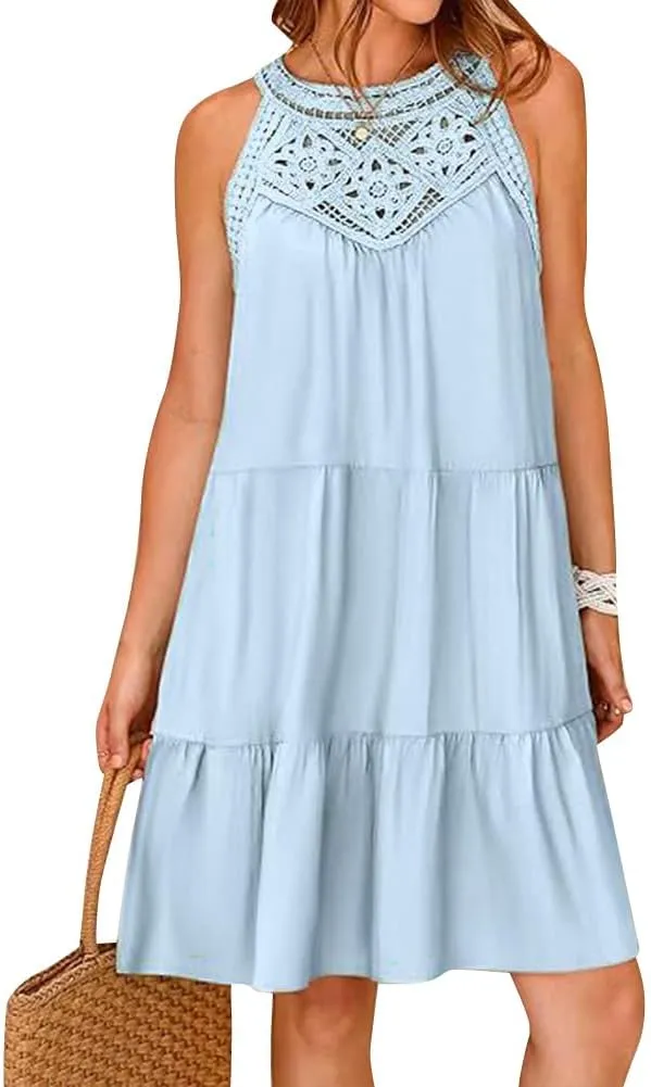 IKADEX Women Boho Hallow Out Crochet Tent Dress Sleeveless Tiered Loose Fit Summer Beach Casual Sundress