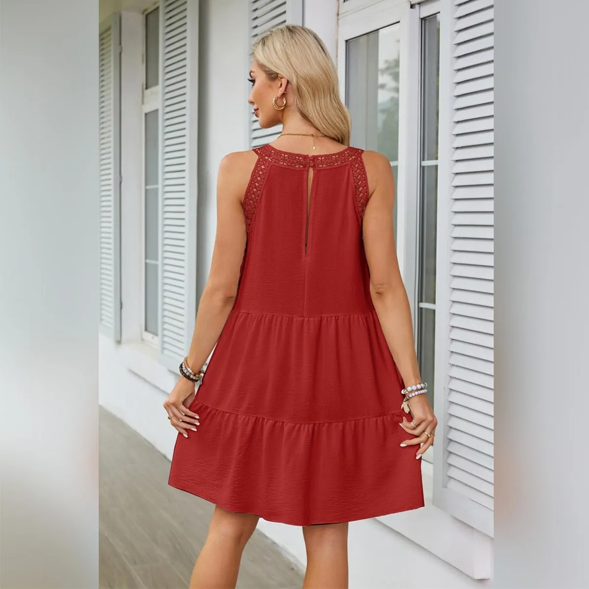 IKADEX Women Boho Hallow Out Crochet Tent Dress Sleeveless Tiered Loose Fit Summer Beach Casual Sundress