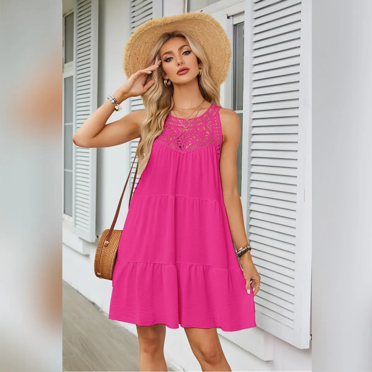IKADEX Women Boho Hallow Out Crochet Tent Dress Sleeveless Tiered Loose Fit Summer Beach Casual Sundress