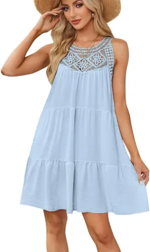 IKADEX Women Boho Hallow Out Crochet Tent Dress Sleeveless Tiered Loose Fit Summer Beach Casual Sundress