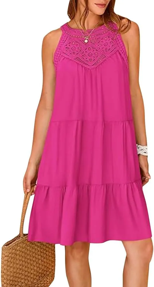 IKADEX Women Boho Hallow Out Crochet Tent Dress Sleeveless Tiered Loose Fit Summer Beach Casual Sundress