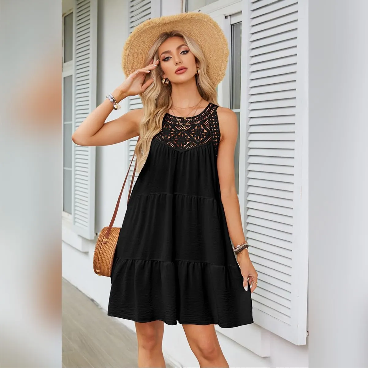 IKADEX Women Boho Hallow Out Crochet Tent Dress Sleeveless Tiered Loose Fit Summer Beach Casual Sundress