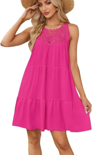 IKADEX Women Boho Hallow Out Crochet Tent Dress Sleeveless Tiered Loose Fit Summer Beach Casual Sundress