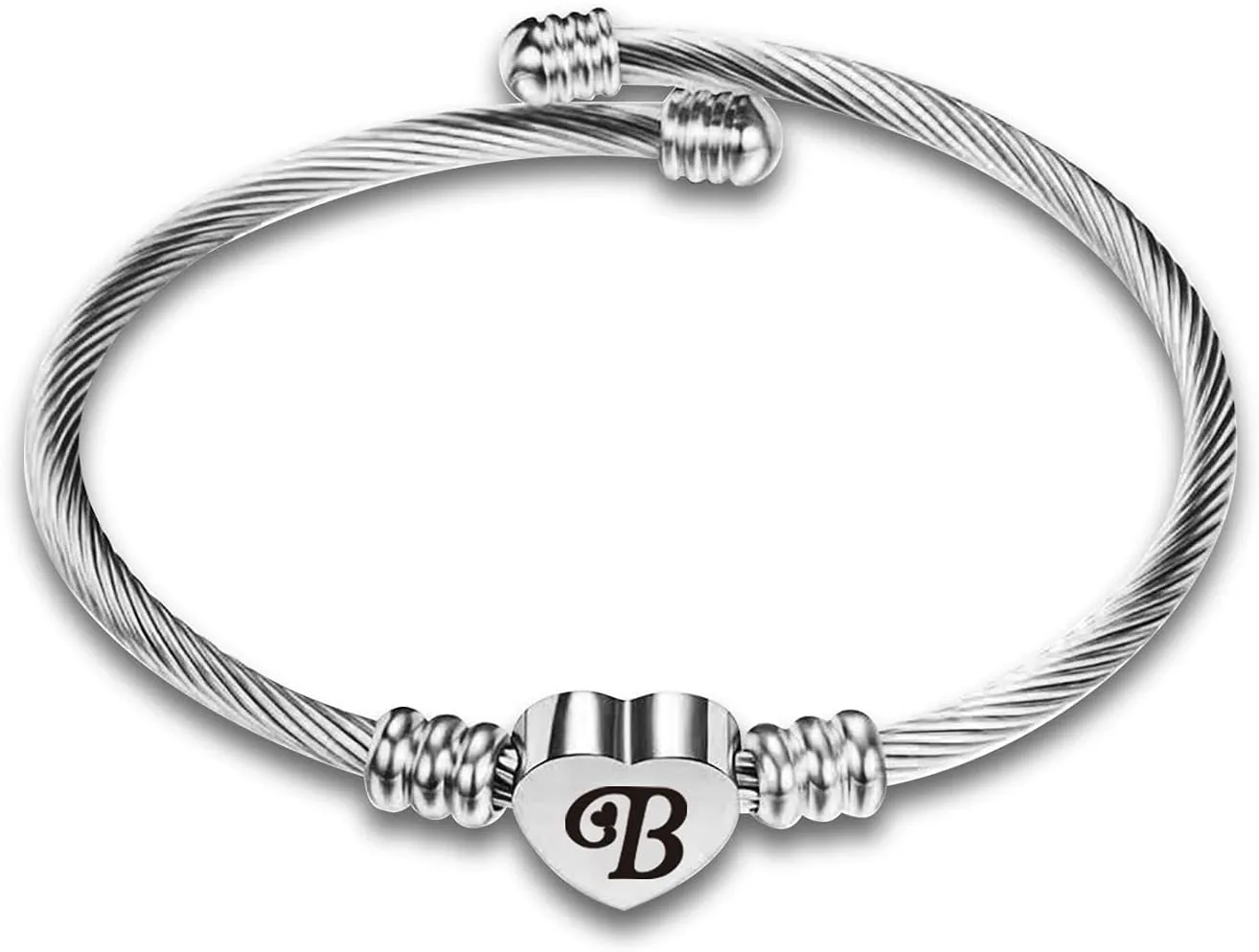 Initial Letter Cuff Bracelet Women Silver Heart Bangle Bracelet Expandable Engraved Alphabet Wrap for Mom Birthday