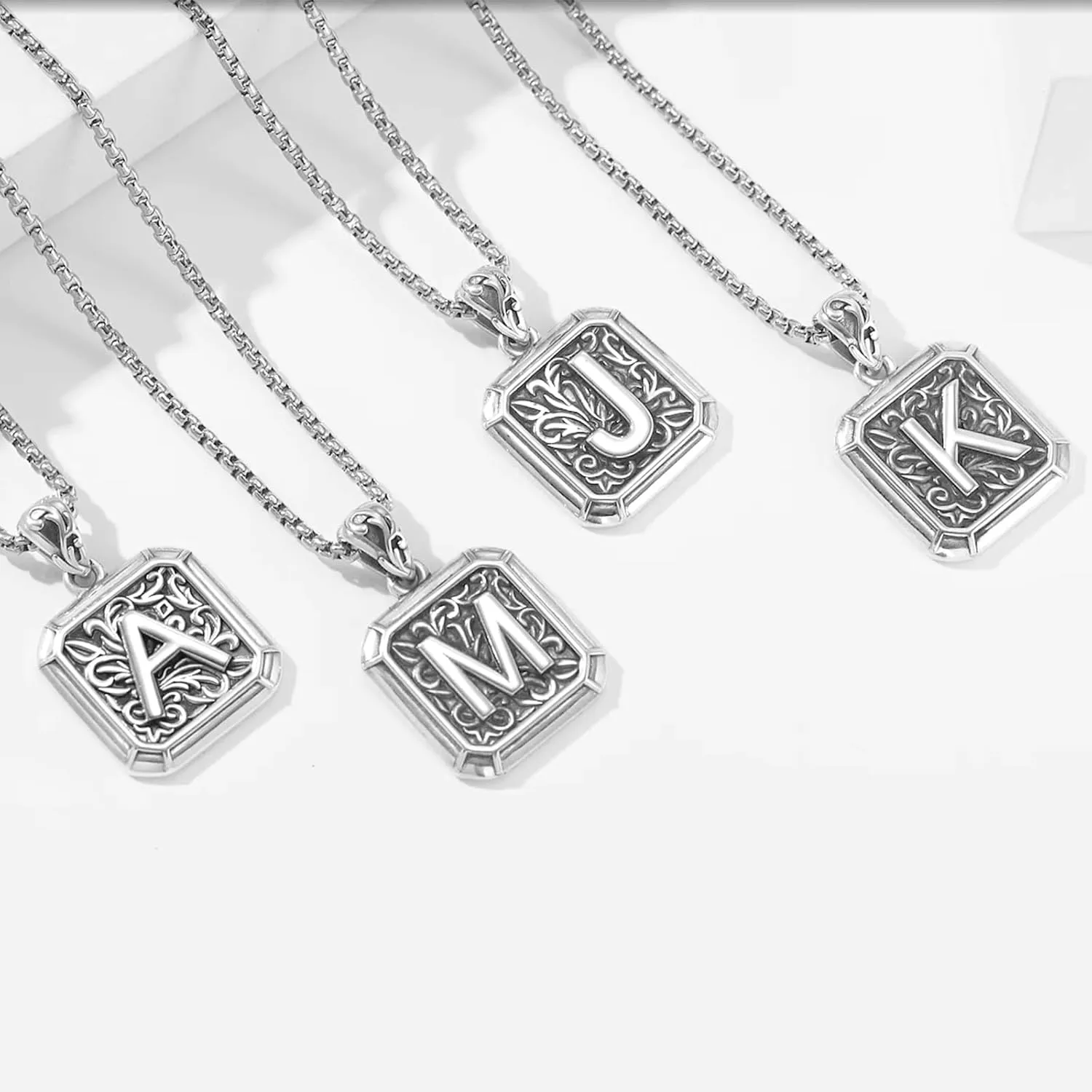 Initial Letter Necklace 925 Sterling Silver Unisex Retro Letter Pendant,Square Initial Necklace Jewelry Birthday Gifts for Men Boys