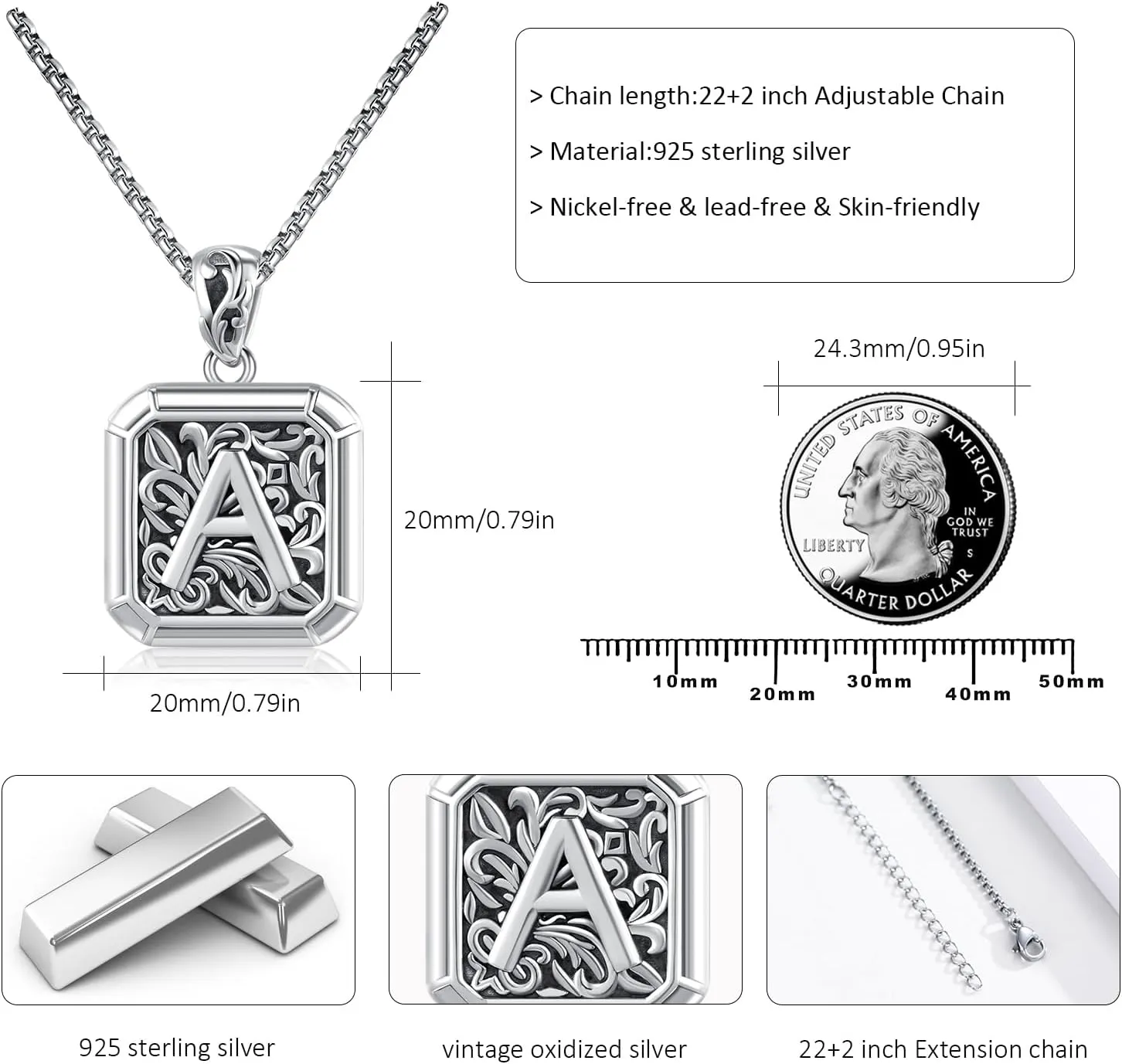 Initial Letter Necklace 925 Sterling Silver Unisex Retro Letter Pendant,Square Initial Necklace Jewelry Birthday Gifts for Men Boys