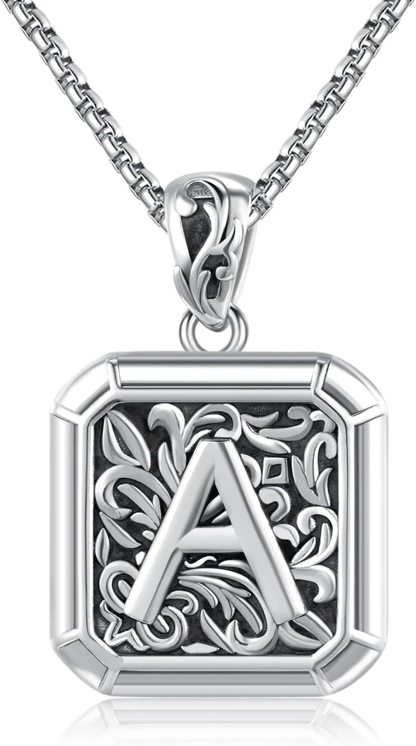 Initial Letter Necklace 925 Sterling Silver Unisex Retro Letter Pendant,Square Initial Necklace Jewelry Birthday Gifts for Men Boys