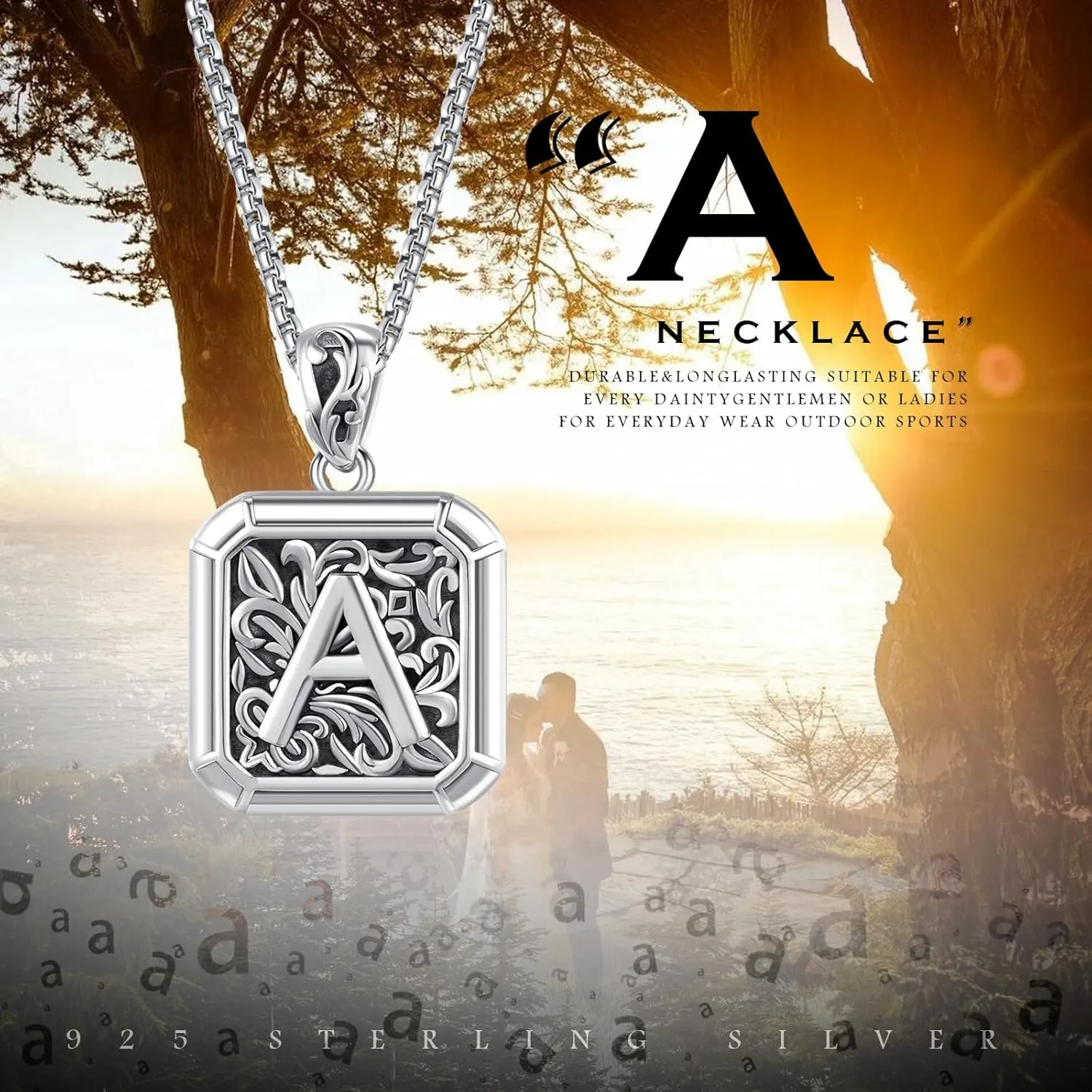 Initial Letter Necklace 925 Sterling Silver Unisex Retro Letter Pendant,Square Initial Necklace Jewelry Birthday Gifts for Men Boys