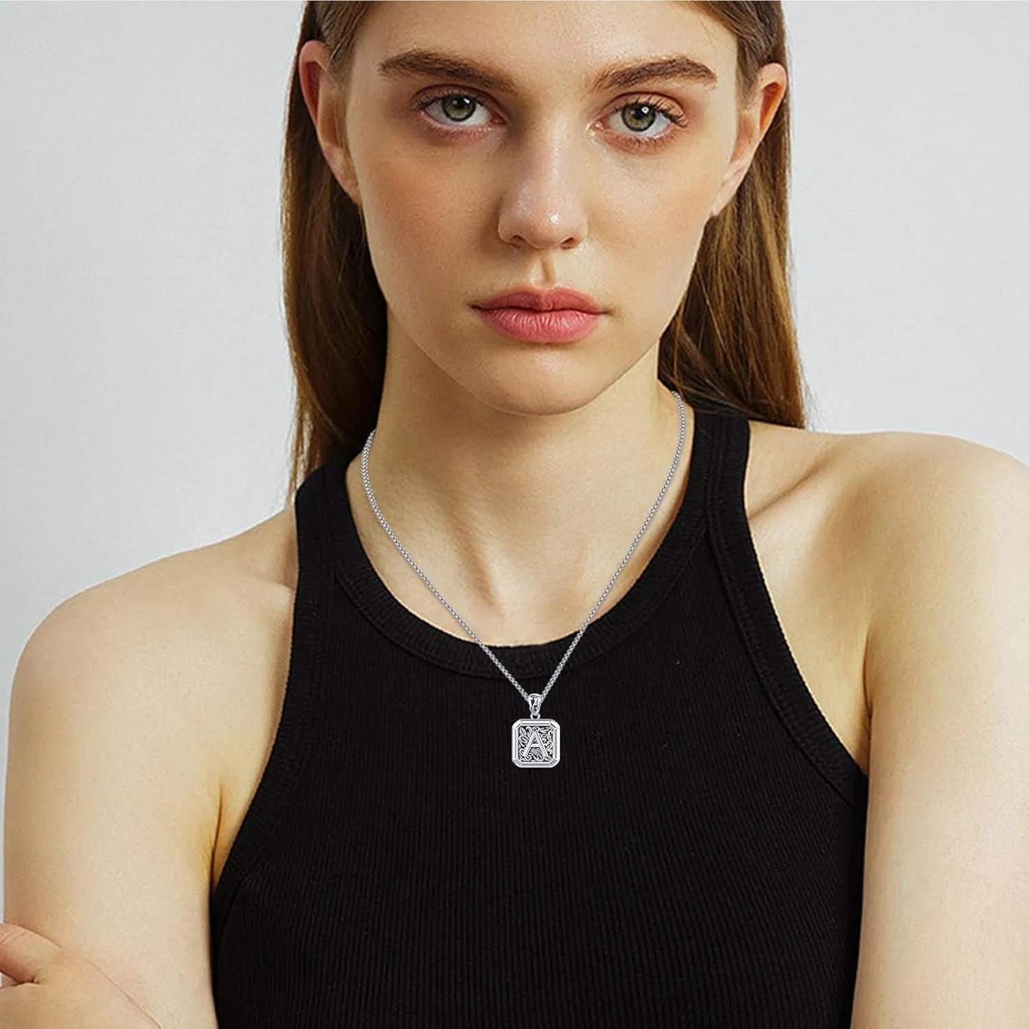 Initial Letter Necklace 925 Sterling Silver Unisex Retro Letter Pendant,Square Initial Necklace Jewelry Birthday Gifts for Men Boys