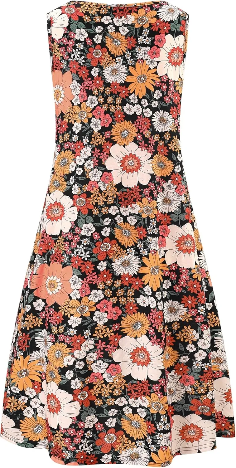 Ivicoer Women's Summer Beach Dresses V-Neck Floral Printed Tank Swing Dress Plus Size with Pocket(L-5XL)