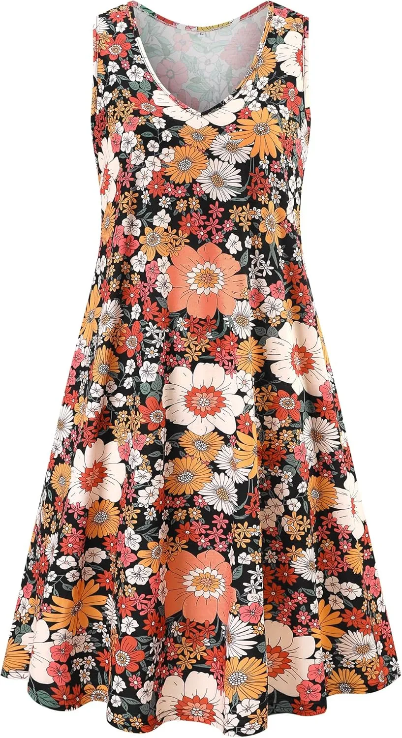 Ivicoer Women's Summer Beach Dresses V-Neck Floral Printed Tank Swing Dress Plus Size with Pocket(L-5XL)