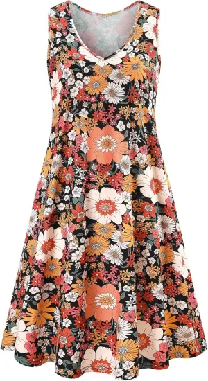Ivicoer Women's Summer Beach Dresses V-Neck Floral Printed Tank Swing Dress Plus Size with Pocket(L-5XL)