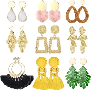 JeryWe 9 Pairs Clip on Earrings for Women Fashion Rattan Acrylic Tassel Drop Dangle Earrings Set Lightweight Geometric Statement Bohemian Clip Earrings for Non Piercied