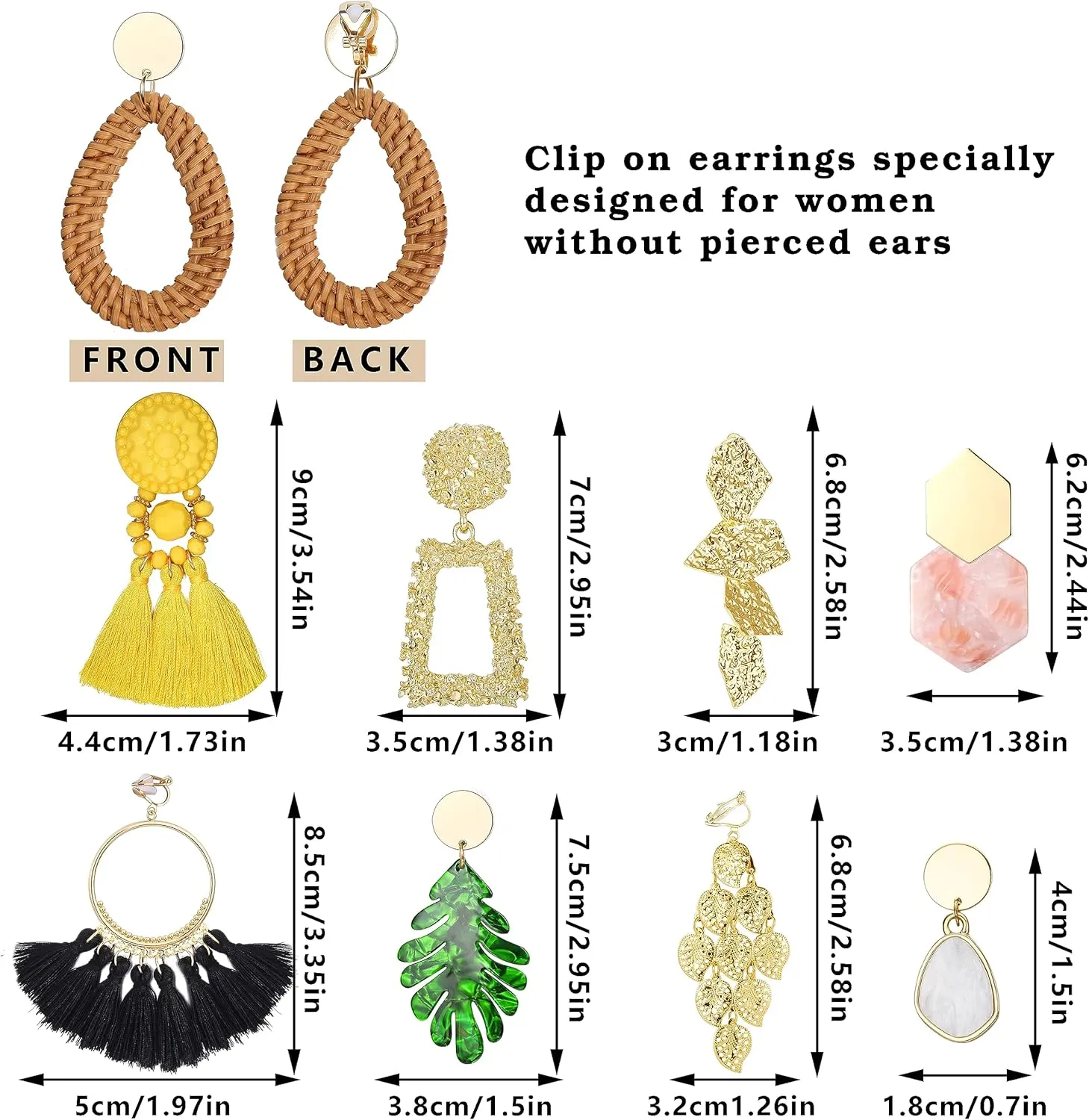 JeryWe 9 Pairs Clip on Earrings for Women Fashion Rattan Acrylic Tassel Drop Dangle Earrings Set Lightweight Geometric Statement Bohemian Clip Earrings for Non Piercied