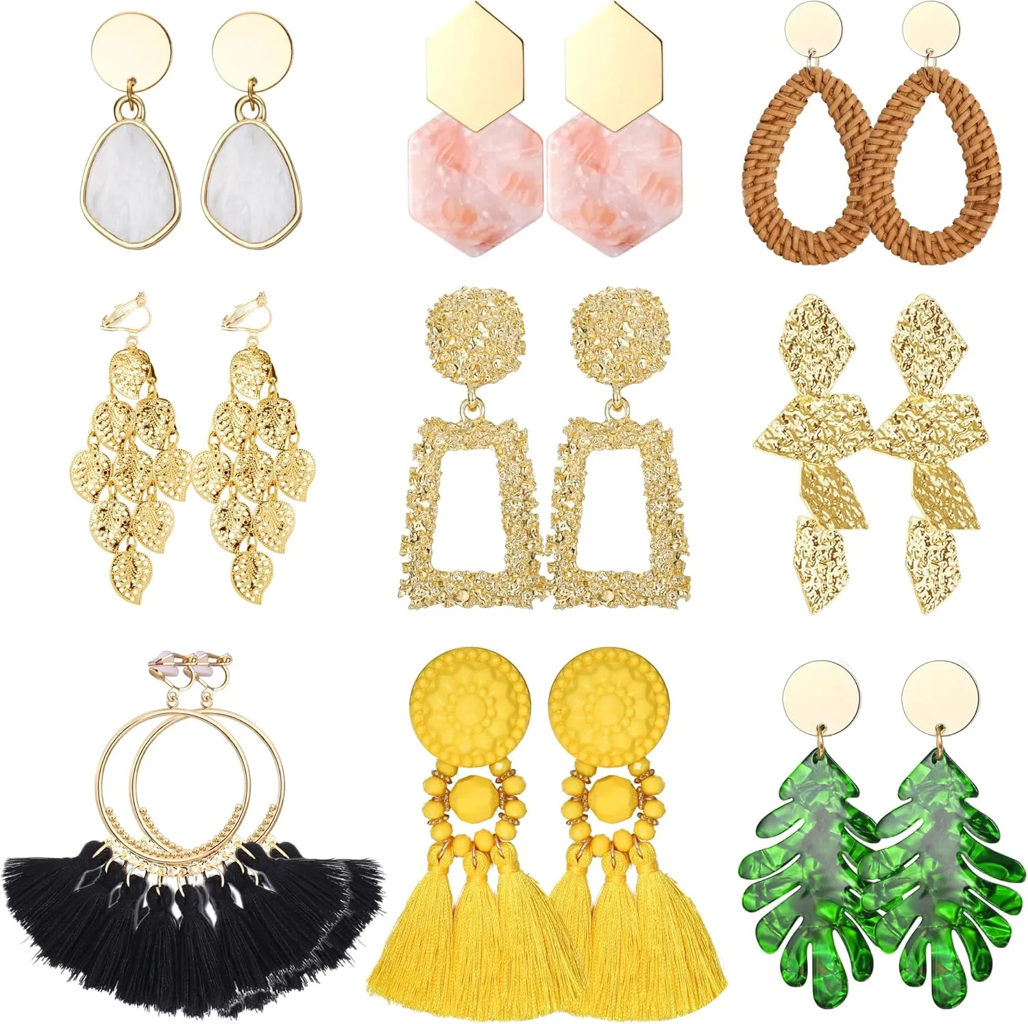 JeryWe 9 Pairs Clip on Earrings for Women Fashion Rattan Acrylic Tassel Drop Dangle Earrings Set Lightweight Geometric Statement Bohemian Clip Earrings for Non Piercied