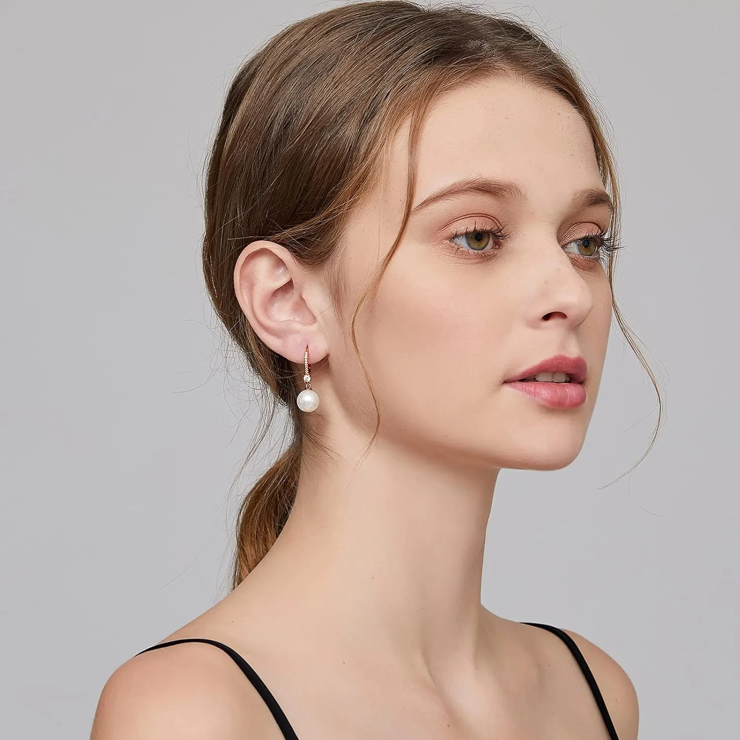 Jiamiao Sterling Silver Pearl Drop Earrings - 10mm Black/Pearl and Diamond Dangle Leverback Earrings for Women