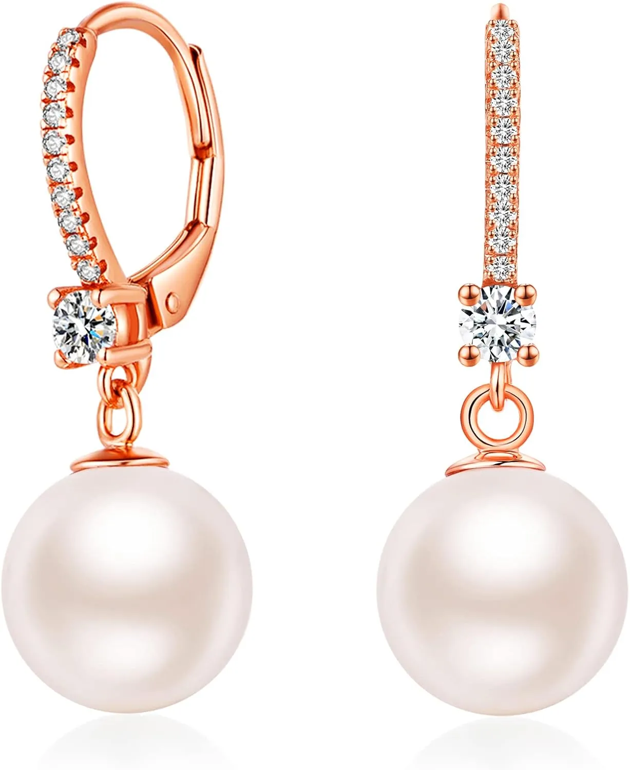 Jiamiao Sterling Silver Pearl Drop Earrings - 10mm Black/Pearl and Diamond Dangle Leverback Earrings for Women