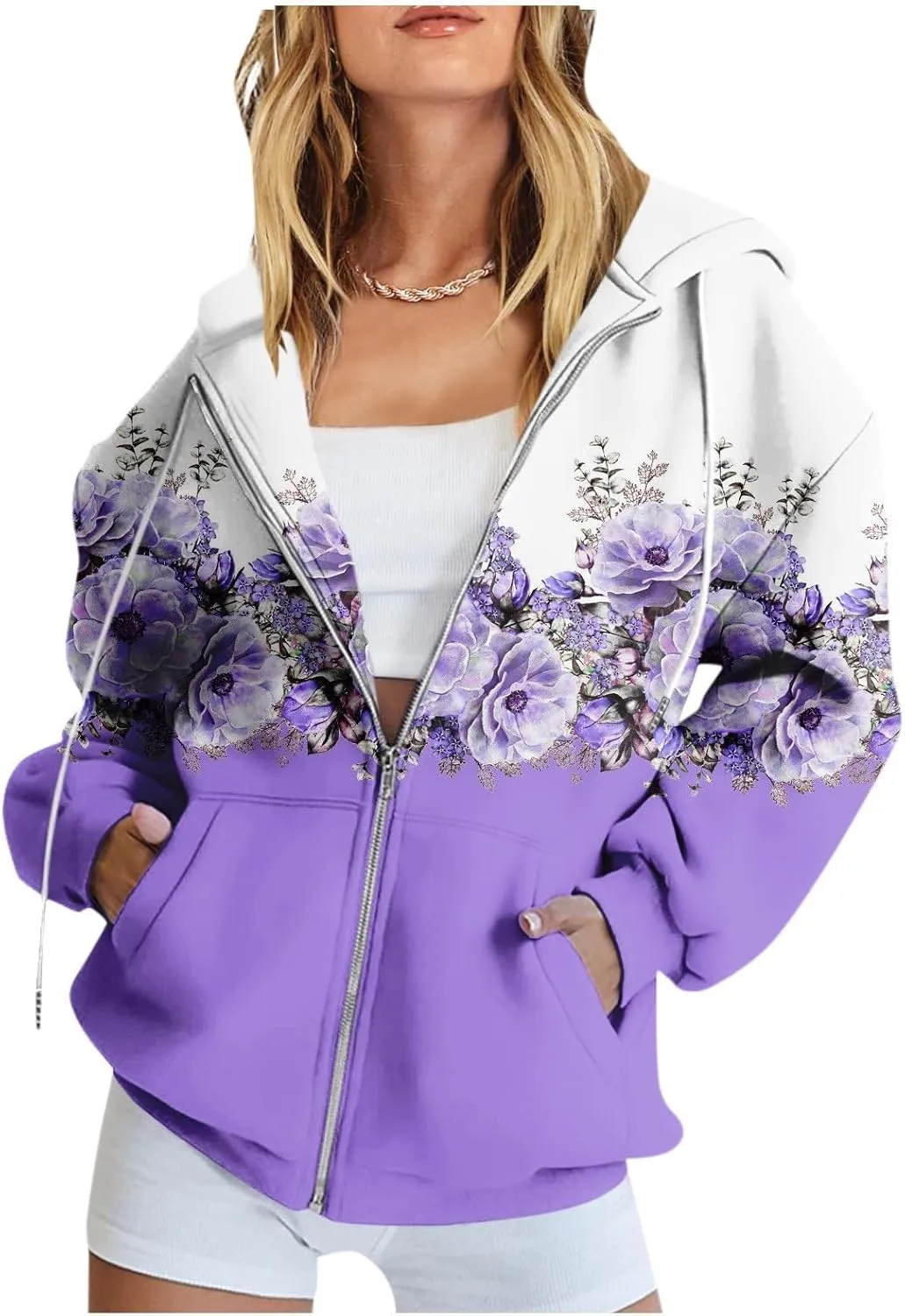 JJHAEVDY Zip Up Hoodie Women Solid Drawstring Sweatshirts Fall Outwear Jacket Hooded Coat Sports Activewear Pocket