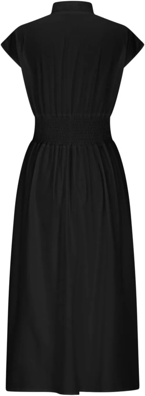 JOAU Womens Summer Casual V Neck Cap Sleeve Dress Smocked Elastic Waist Zipper Front Flowy Pleated Midi Dresses with Pockets