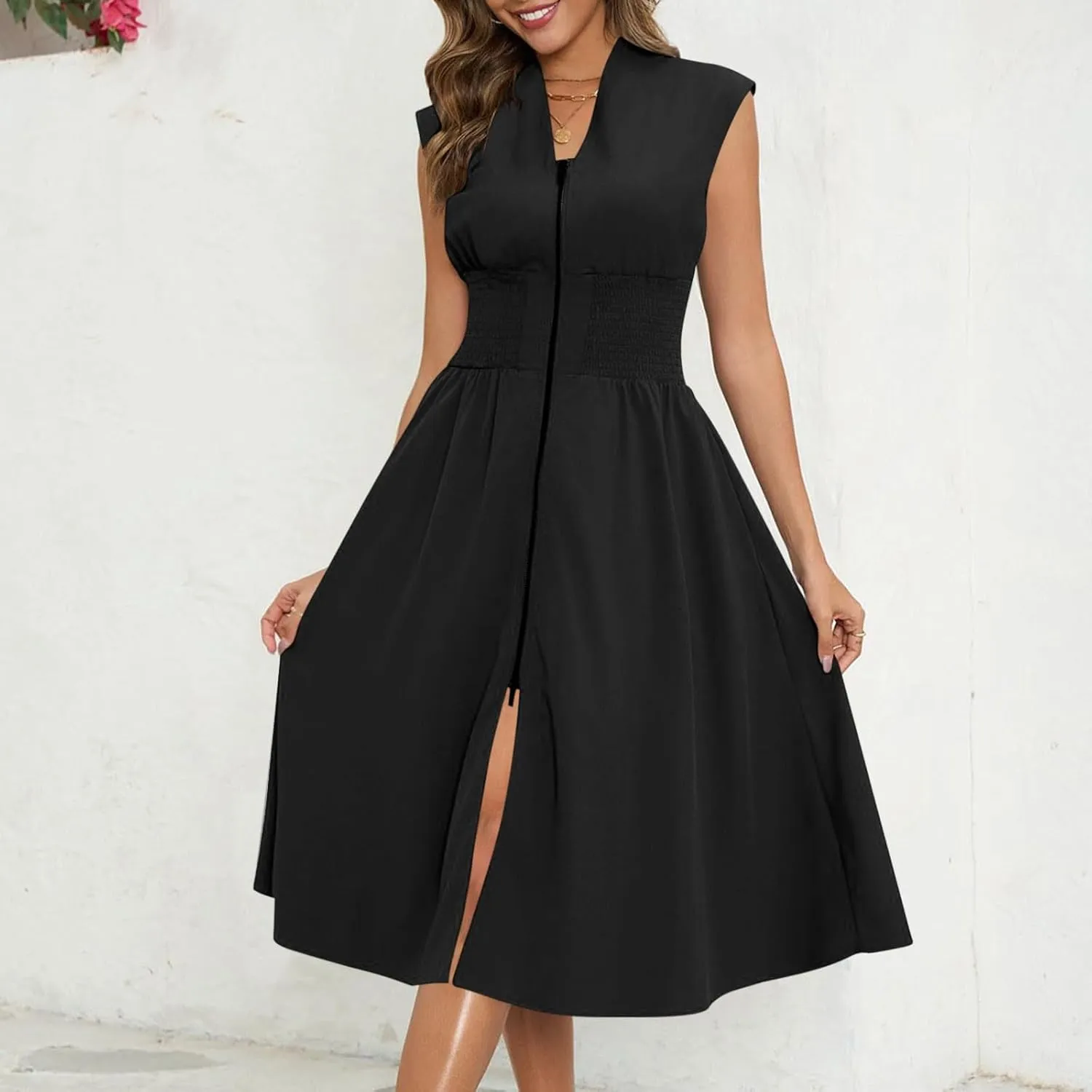 JOAU Womens Summer Casual V Neck Cap Sleeve Dress Smocked Elastic Waist Zipper Front Flowy Pleated Midi Dresses with Pockets