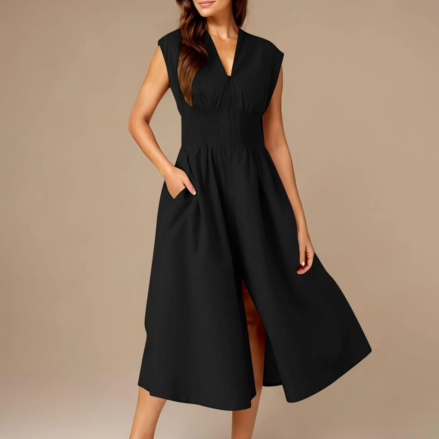 JOAU Womens Summer Casual V Neck Cap Sleeve Dress Smocked Elastic Waist Zipper Front Flowy Pleated Midi Dresses with Pockets