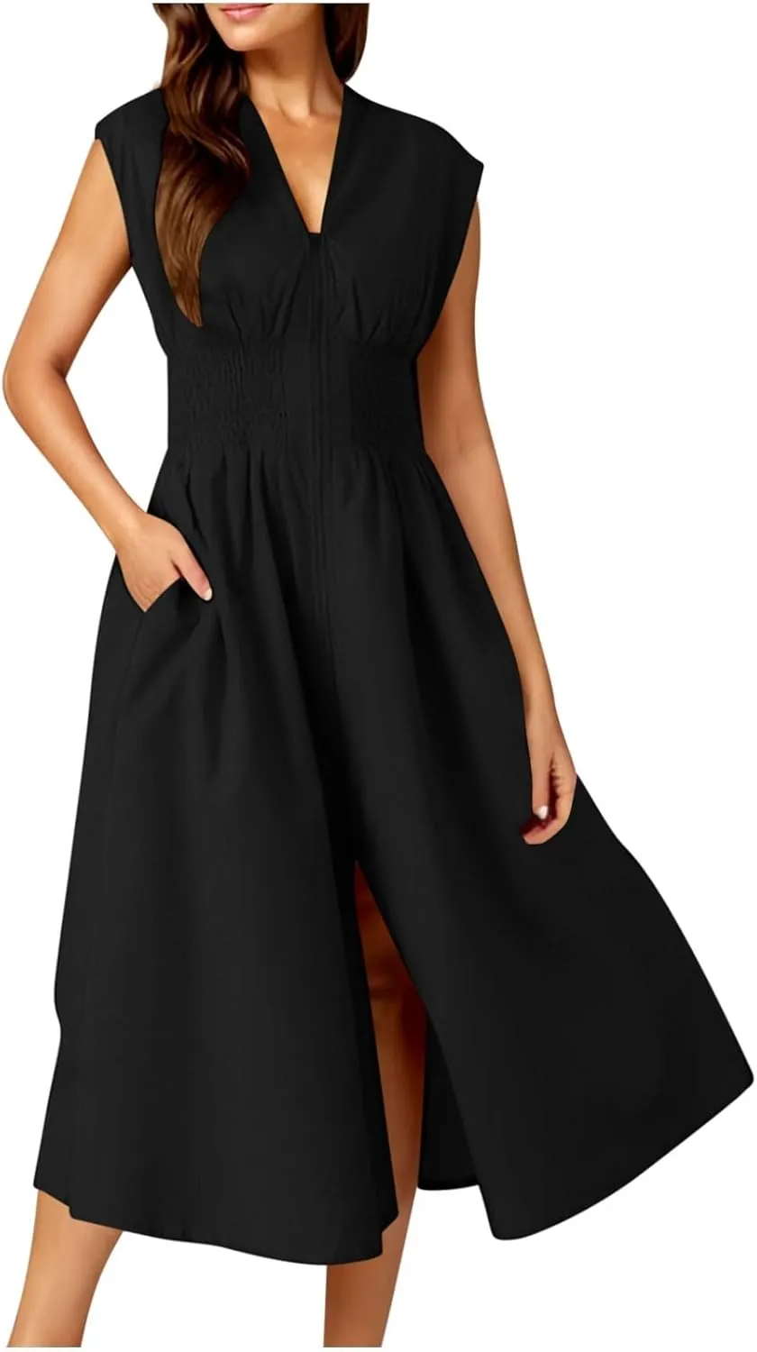 JOAU Womens Summer Casual V Neck Cap Sleeve Dress Smocked Elastic Waist Zipper Front Flowy Pleated Midi Dresses with Pockets