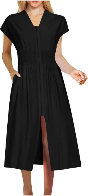 JOAU Womens Summer Casual V Neck Cap Sleeve Dress Smocked Elastic Waist Zipper Front Flowy Pleated Midi Dresses with Pockets