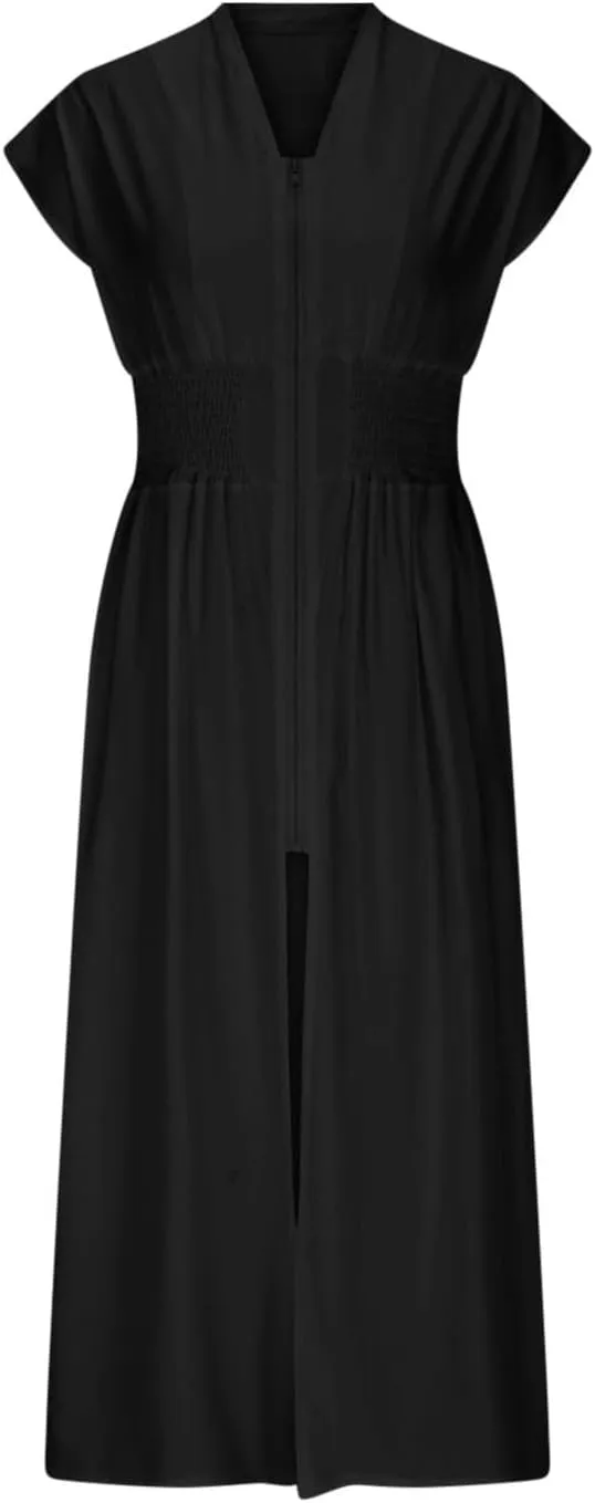 JOAU Womens Summer Casual V Neck Cap Sleeve Dress Smocked Elastic Waist Zipper Front Flowy Pleated Midi Dresses with Pockets