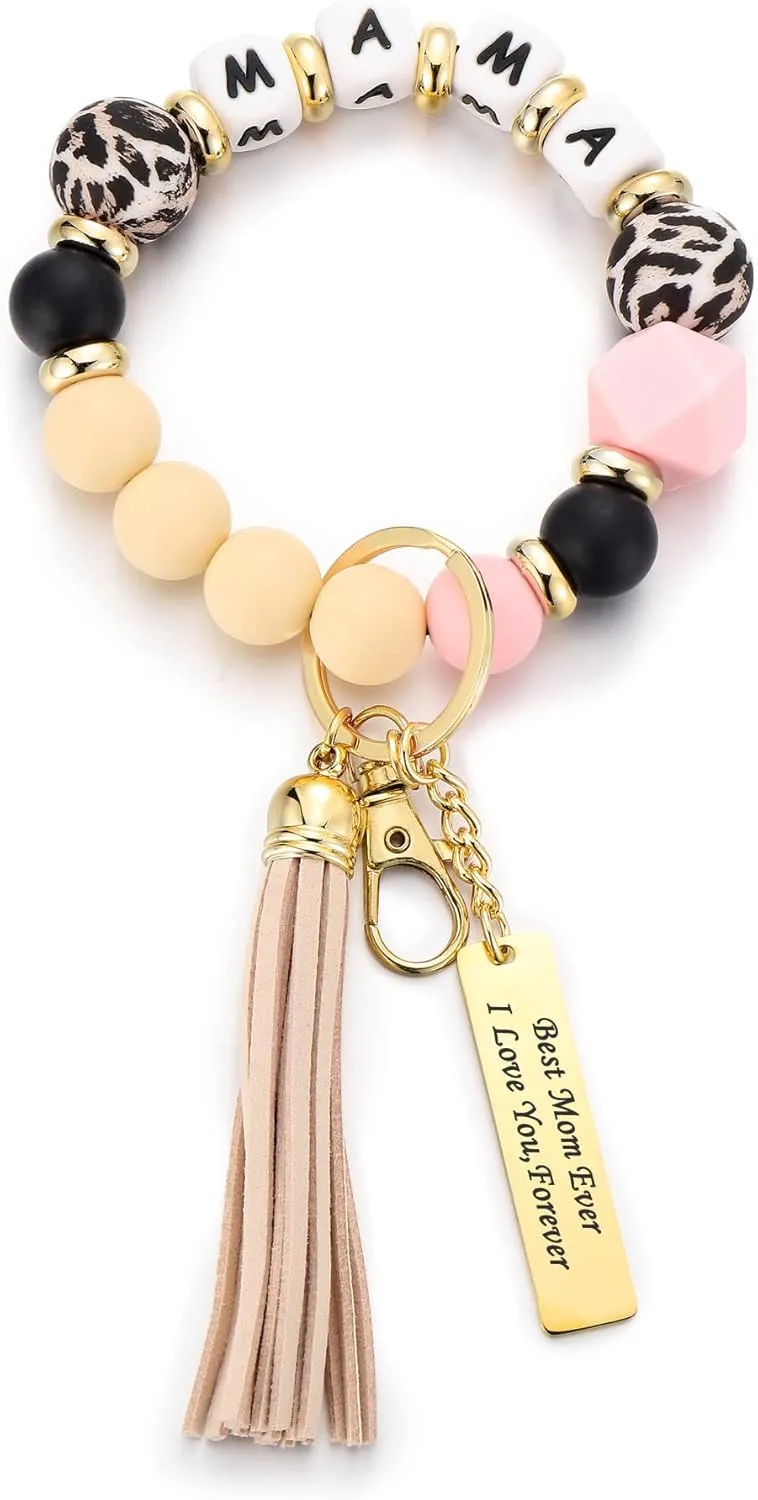 Jovivi Personalized Silicone Beaded Bracelet Keychain Custom Wristlet Key Ring Bangle Chains for Women with Leather Tassel