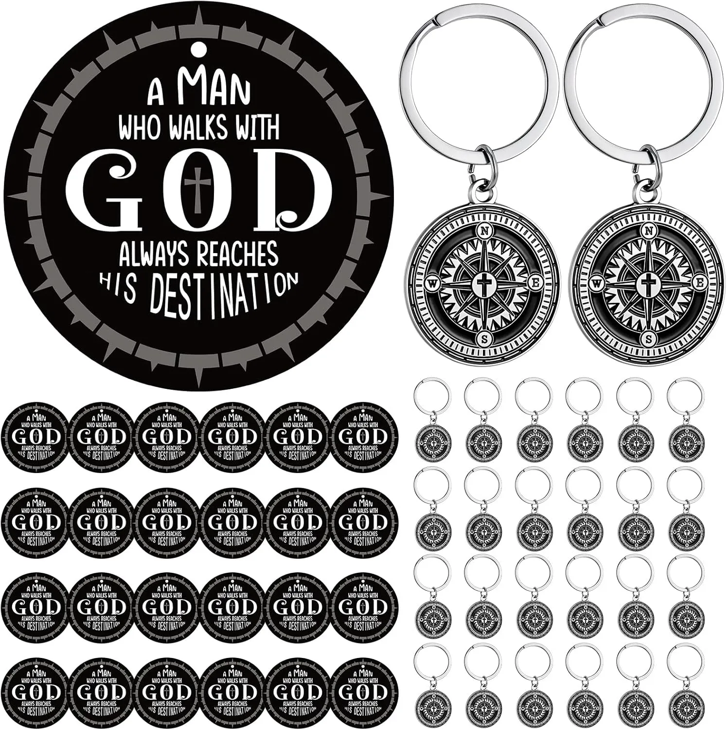 Kenning 24 Sets Father's Day Gift Man of God Keychain with Compass Charm Card Christian Dad Gift Set Daddy Religious Church Baptism Present Bulk for Church Man Father's Day Party Favor Supply